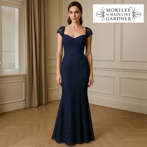 Morilee by Madeline Gardner Navy Lace Gown Trumpet Formal Dress Size 12-14